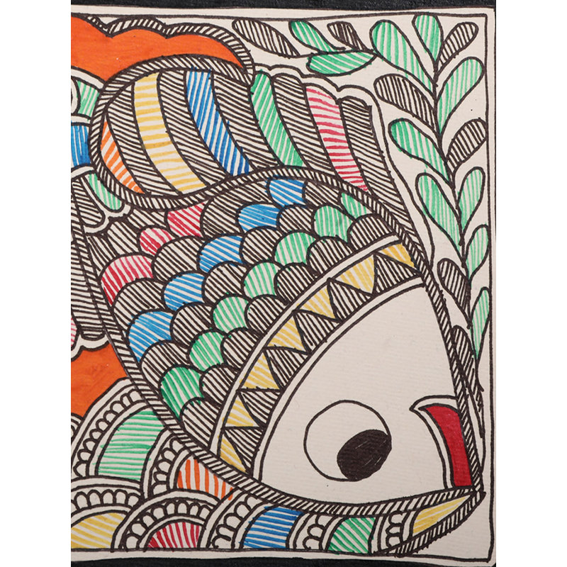 Paon et poisson, peinture sur papier fait à la main | Œuvre d'art par Ajay Kumar Jha
