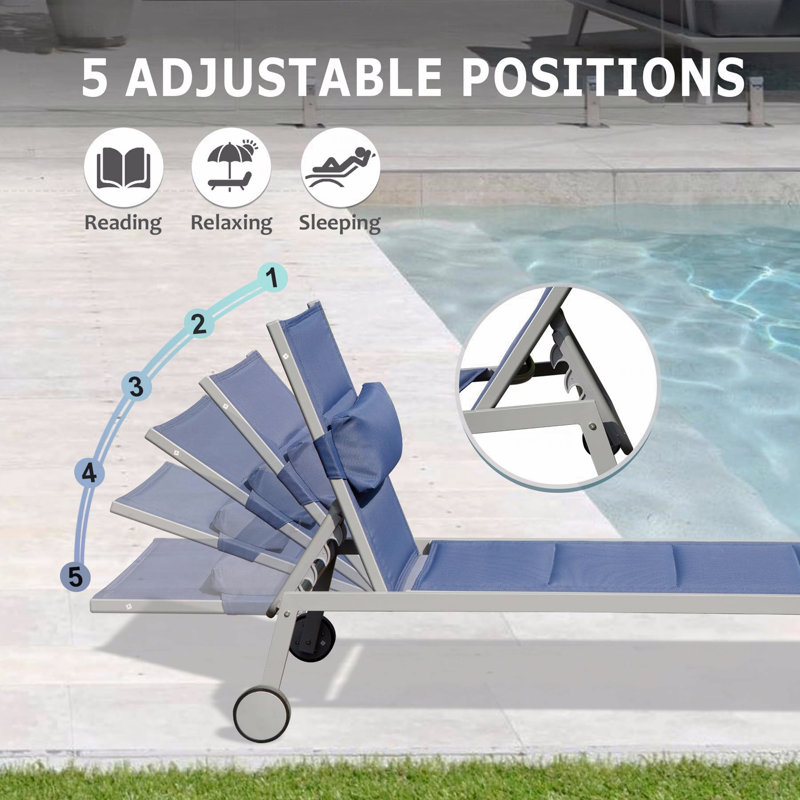 Ensemble de 3 chaises longues d'extérieur pour l'extérieur, chaises longues de piscine en aluminium avec table d'appoint et roulettes, fauteuil inclinable ajustable PVC-coated polyester