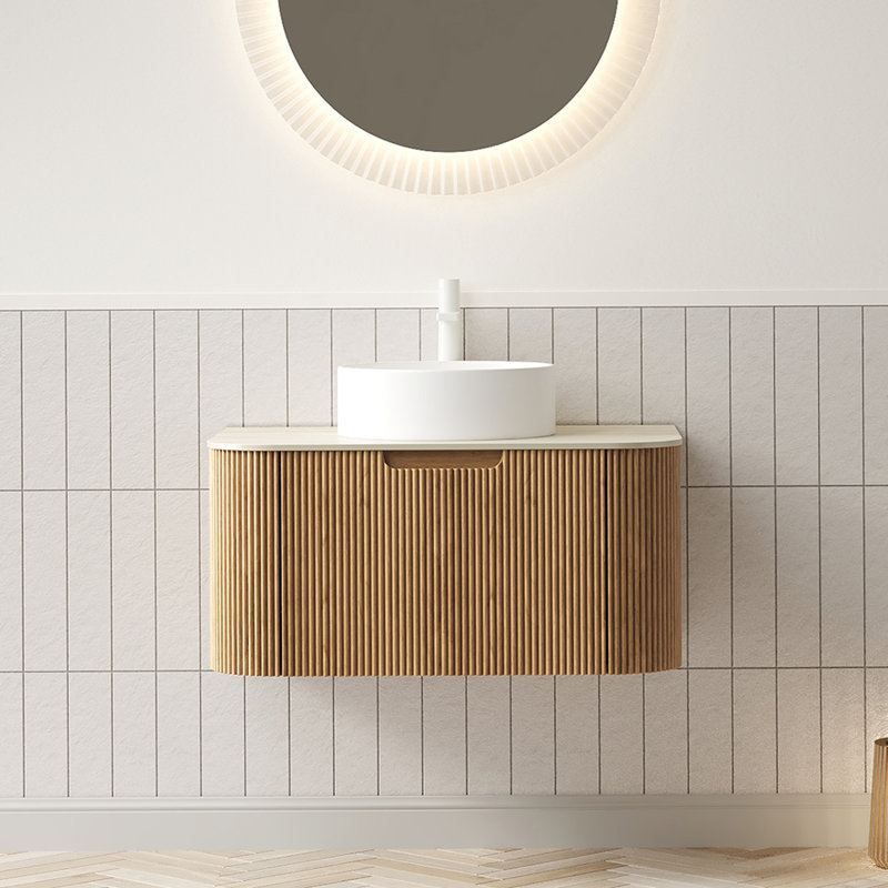 Meuble-lavabo flottant de 30 po avec lavabo en céramique blanc, plateau en pierre frittée et armoire de rangement en contreplaqué, finition grain de bois naturel