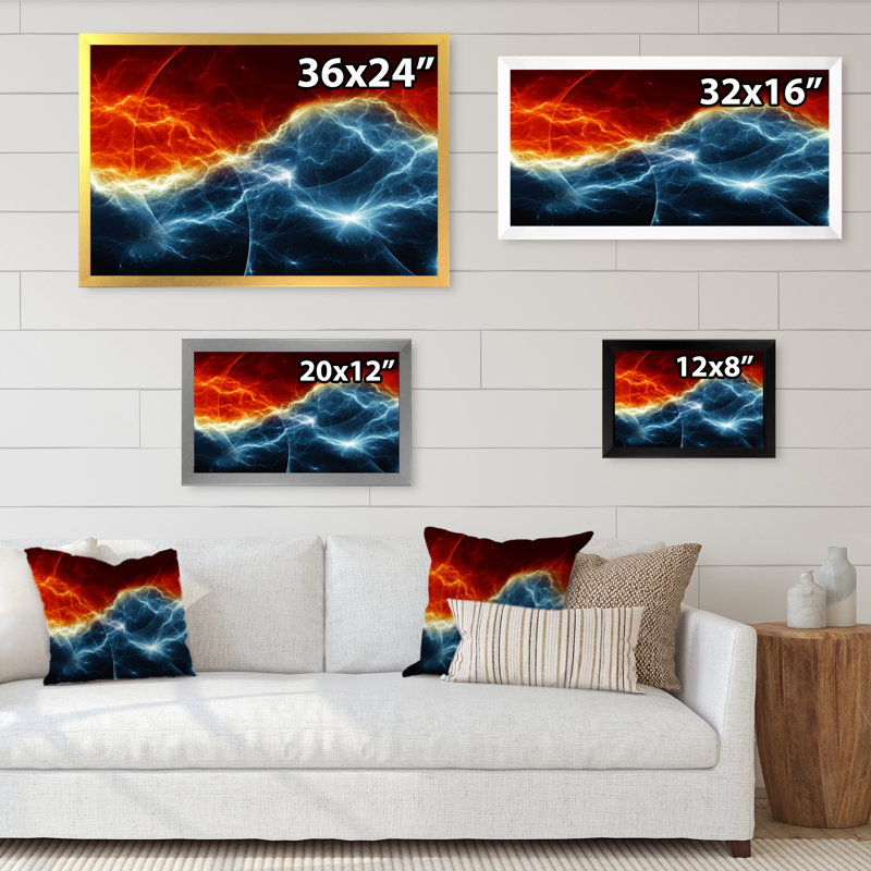 Fire and Ice Fractal Lightning - reproduction d'art sur toile encadrée, Cadre photo noir, H 8 po x l 12 po x P 1 po