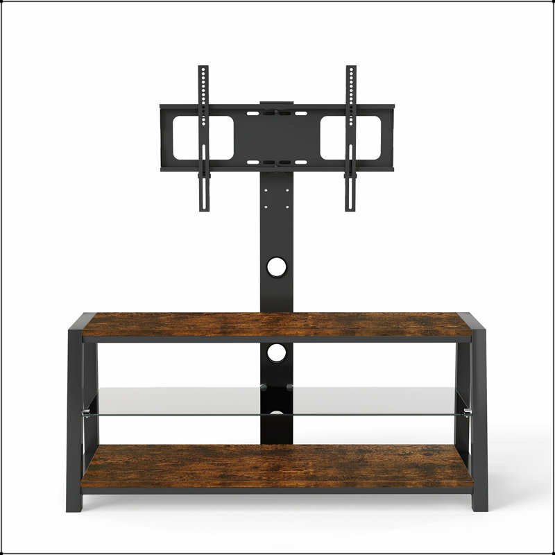 Meuble télé réglable en bois avec verre trempé noir et support pivotant universel, parfait pour les centres de divertissement modernes.