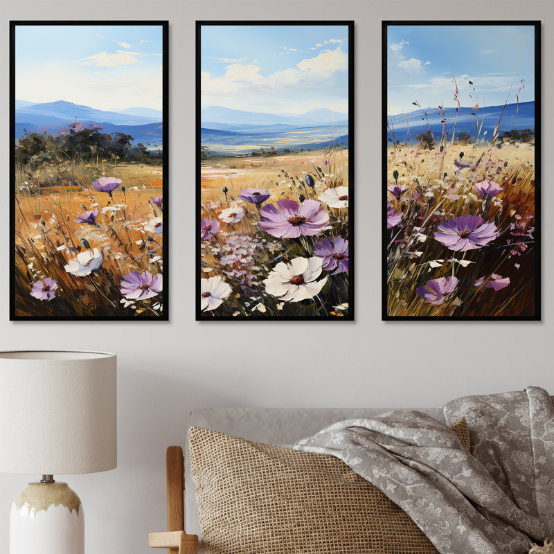 Mauve bleuet dans un paysage de montagne I - ensemble d'art mural sur toile fleurs, Cadre flottant noir