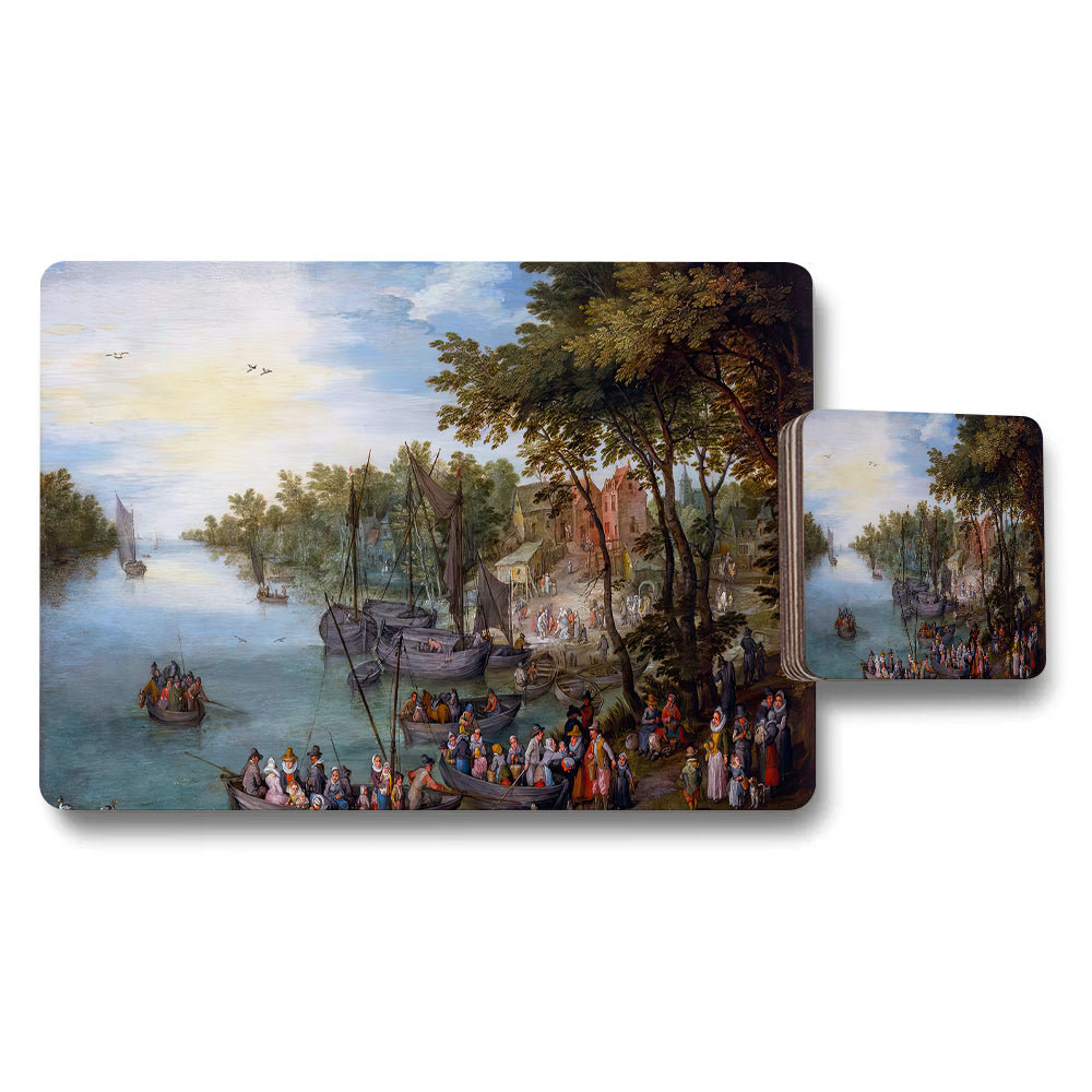 River Landscape Placemats and Coaster Set With Boats Scene