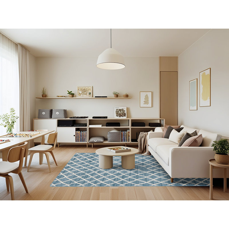 Machine Washable Trellis Blue Area Rug, Rectangle 7' x 9'