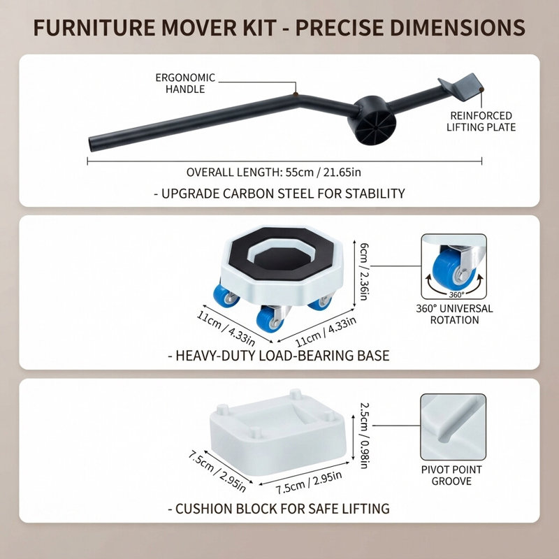 Furniture Mover Sliders with Rotation Wheels & Grooves, Furniture Moving Wheels with Brakes, Pry Bar & 4 Heightening Modules and Glove for Furniture for Appliance Movers, Moving Heavy Furniture Tool