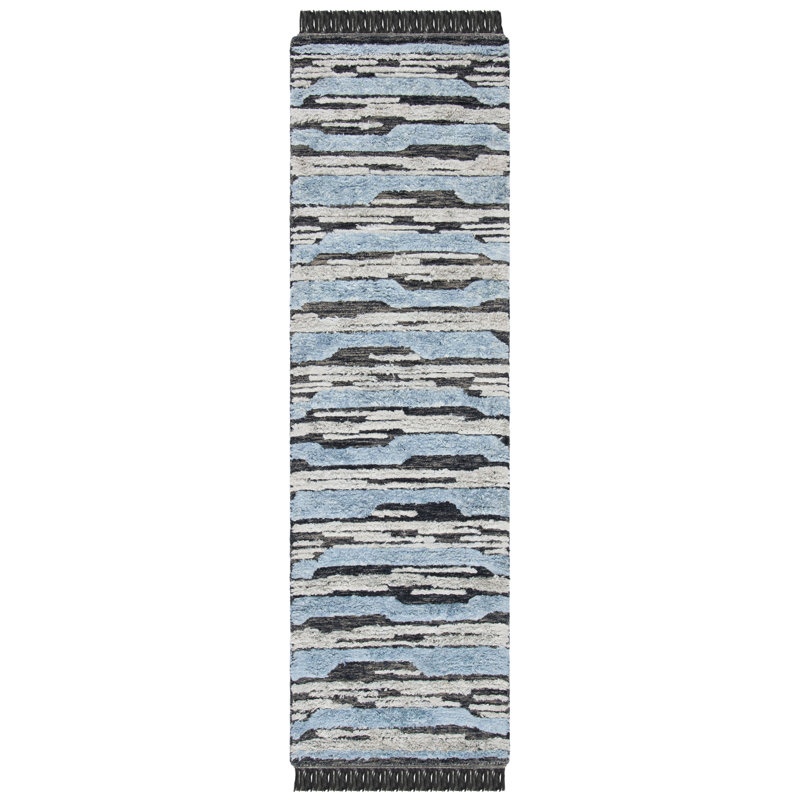 Fellsmere Hand Tufted Bamboo Silk/Wool Abstract Rug in Charcoal/Blue, Runner 2'3" x 8'