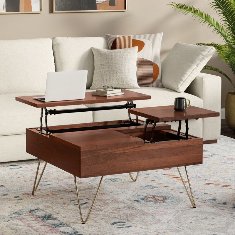 Table basse carrée à plateau relevable en bois de manguier massif brun foncé et or 32 po Hunter