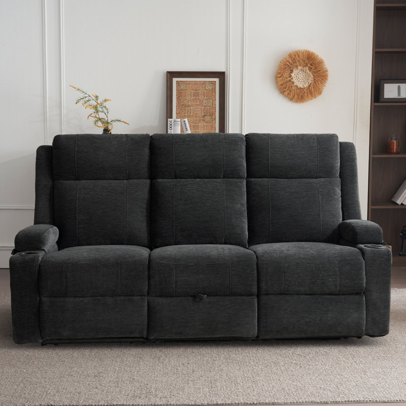 3-seater Reclining Sofa With Cup Holders & Storage Drawer – Soft Chenille Fabric, Black