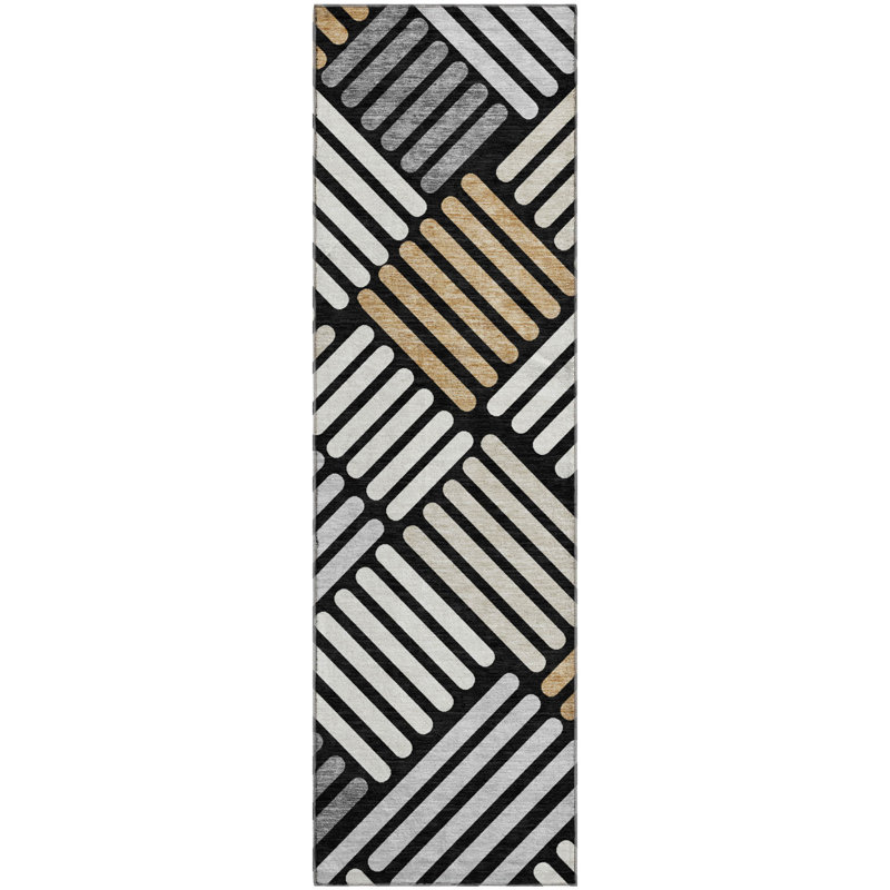 Premium Machine Washable Mayfield AMF2339 Geometric Rug, 2'3" x 7'6" Runner, Black