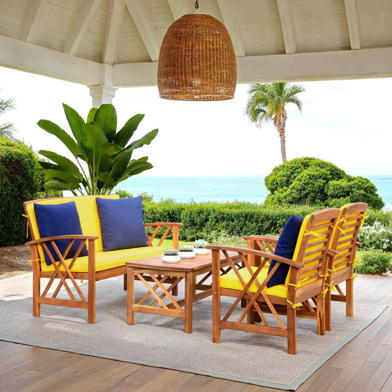 Calhoun 4 Piece Sofa Seating Group with Cushions, Yellow/Navy, Navy