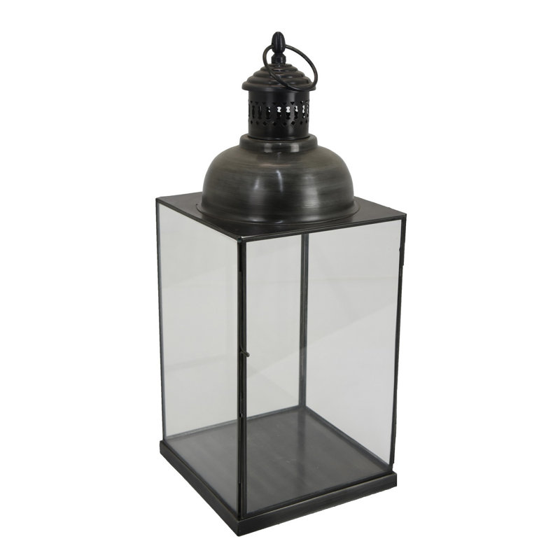 Laila Lantern, Black Metal, Glass Panels, Square Base, 20" H x 8" W x 8" D