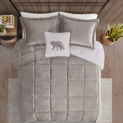 Édredon en duvet synthétique pour lit double / grand, 2 taies décoratives, 1 coussin décoratif, lavable à la machine, gris + édredon Nuance, teinte