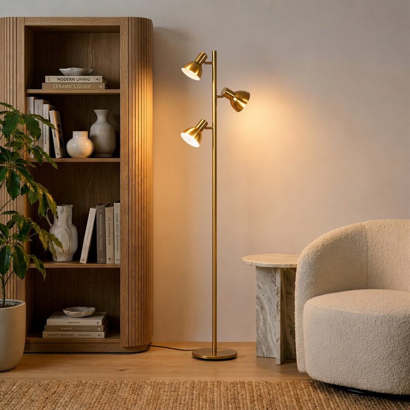 Ethan Gold Brass 65.5" Adjustable 3-Light LED Metal Floor Lamp with 3-Way Dimming, Brass