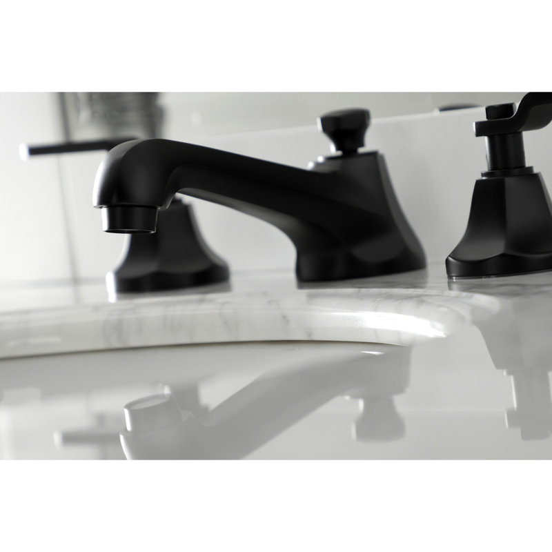 Kingston Brass Hamilton Two-Handle 3-Hole Deck Mount Widespread Bathroom Faucet with Brass Pop-Up Drain, Matte Black, Lever