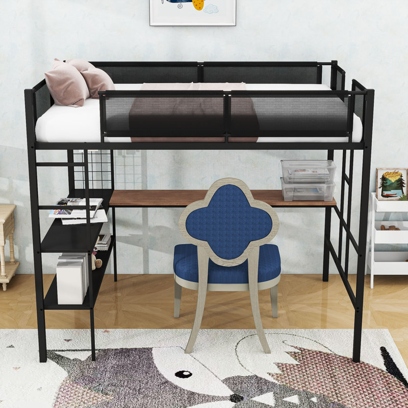 Full Size Metal Loft Bed With Built-In Ladders, Shelves And Guardrails