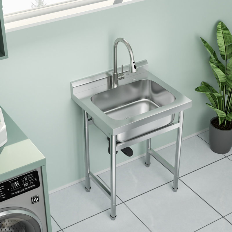 25"L x 22"W Commercial Laundry Sink Freestanding Stainless Steel Utility Kitchen Sink with Open-shelf,Kitchen Faucet