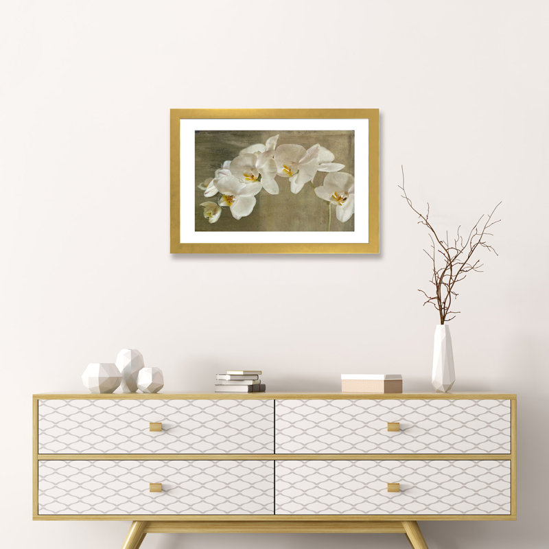 Orchidée peinte - reproduction d'art, Papier encadré doré, H 16 po x l 24 po x P 1 po