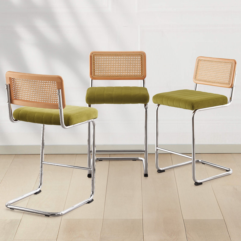 Oliver Green Velvet Upholstered Bar Stools with Silver Metal Frame