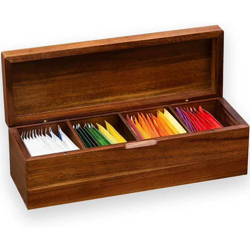 Acacia Wooden Tea Bag Organizers, Tea packet Storage Boxes, Tea Caddy for Tea Bags Chest, Teabag Holder Containers, 4 Compartments