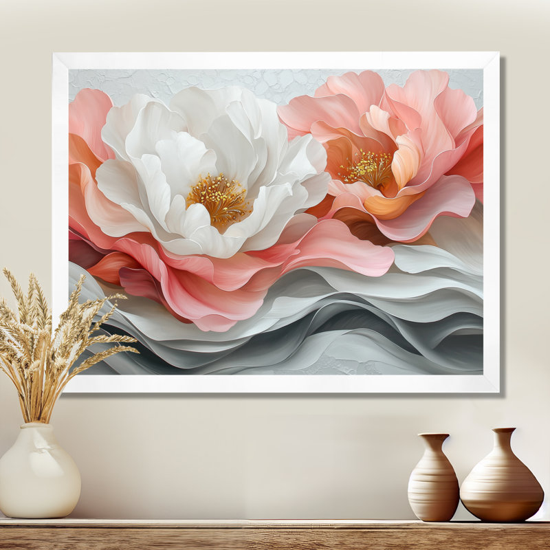 Blanc et corail, pivoines élégantes I - pivoines, art mural, Avec cadre, H 24 po x l 32 po, Blanc
