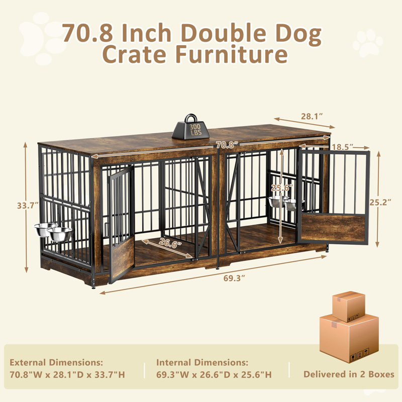 Meuble double 70 po pour chien avec cage réglable 70,8 po
