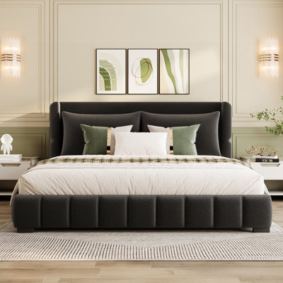 Grand lit plateforme tapissier avec 2 coussins, noir