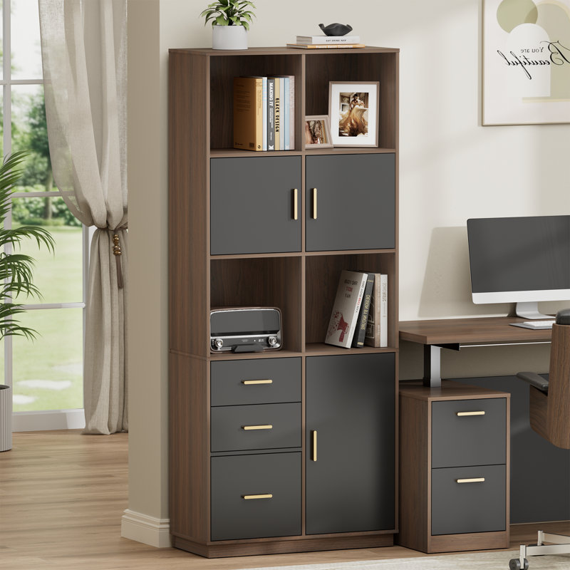 74.6"H Modern Bookcase With Adjustable Shelves, Drawers & Doors – 5-Tier Wooden Floor Standing Display Cabinet For Living Room, Home Office