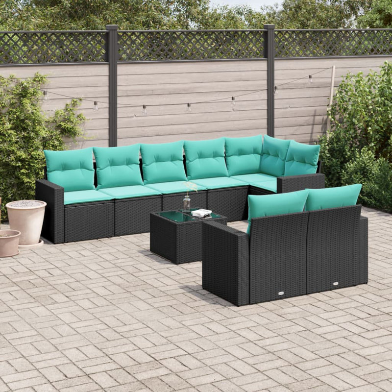 Ensemble de canapé de patio 9 pièces avec coussins en rotin de polyester, Bleu clair, Noir