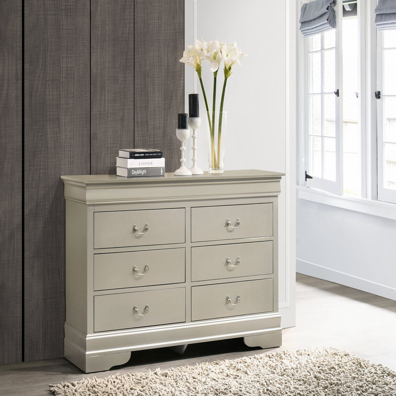  Louis Phillipe Vernon 6 Drawer Double Dresser, Silver Champagne