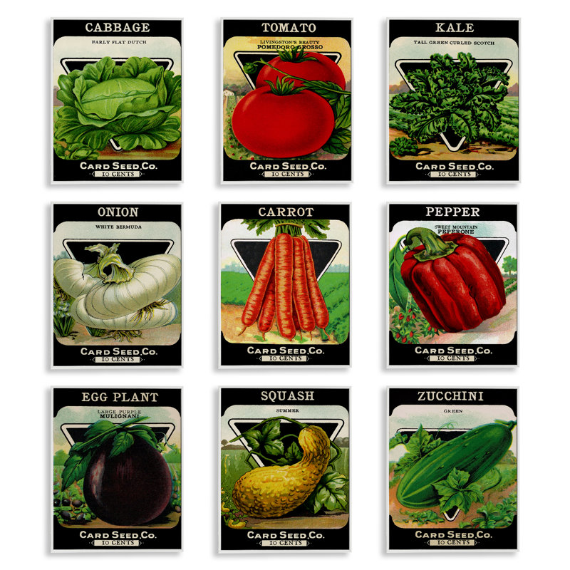 Légumes de jardinage rétro, ensemble de 9 giclées encadrées, design par Lil 'Rue