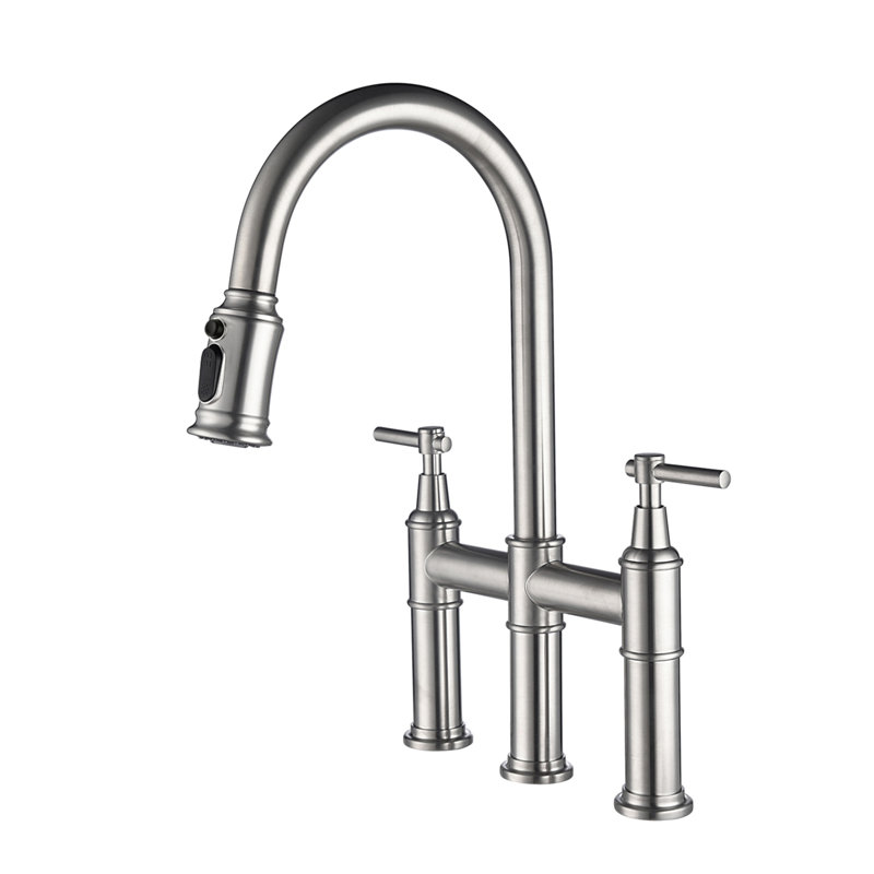 Bridge Kitchen Faucet With Pull-Down Sprayhead In Spot, Brushed Nickel