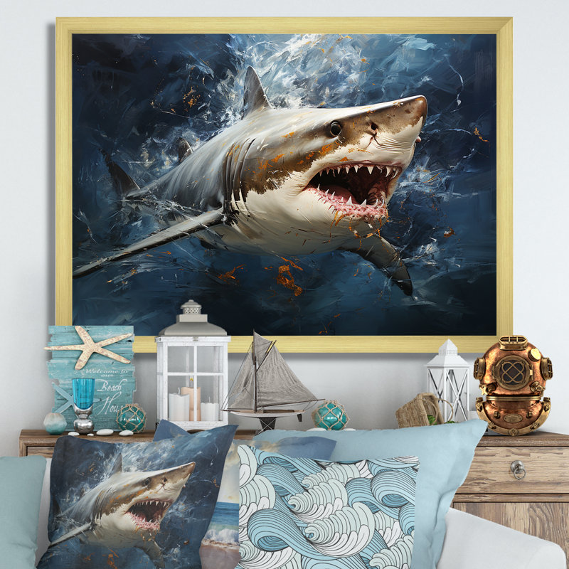 Underwater Shark Attack III - Sharkwall Art, Gold Closed Corner Framed, 30" H x 40" W x 1.5" D