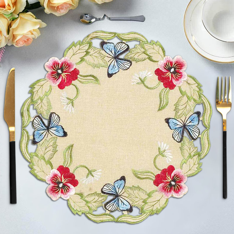 Aneil Floral Embroidered Doilies for Table Set of 4 Round Placemats of Maliana Collection for Table Decor
