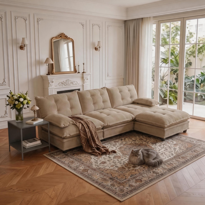 Canapé modulaire en L 107 po avec repose-pieds et siège profond L 107 po, Light coffee Chenille