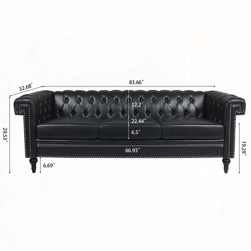 Canapé Chesterfield Husani, Similicuir noir, 3