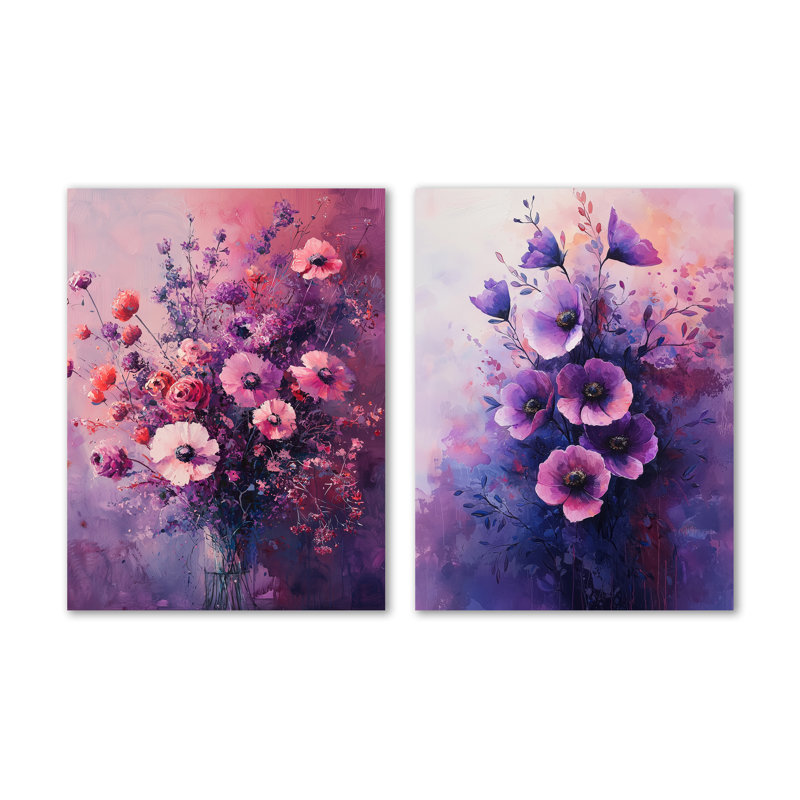 Assortiment de bouquets de rêves de fleurs dans des teintes I - ensemble de 2 impressions murales florales en métal mauve