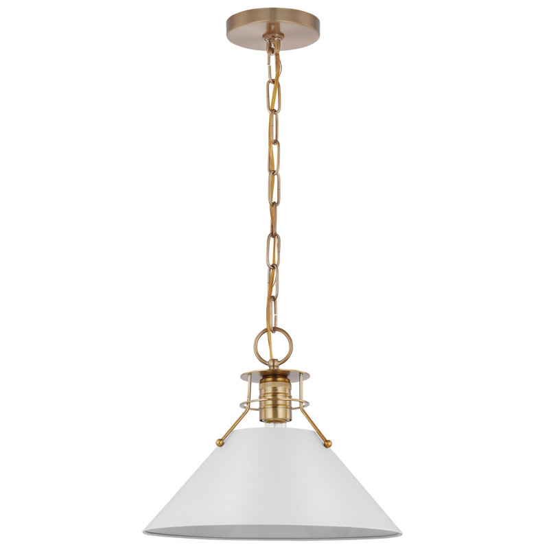 Rodarte 1-Light Dimmable Cone Pendant, 10" H x 13" W x 13" D, Matte White/Burnished Brass