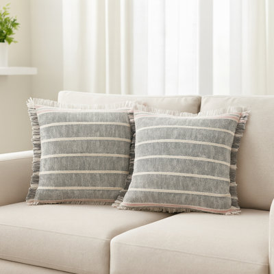 Henke Gray/Pink Traditional Striped 100% Cotton Pillow Cover, Set of 2