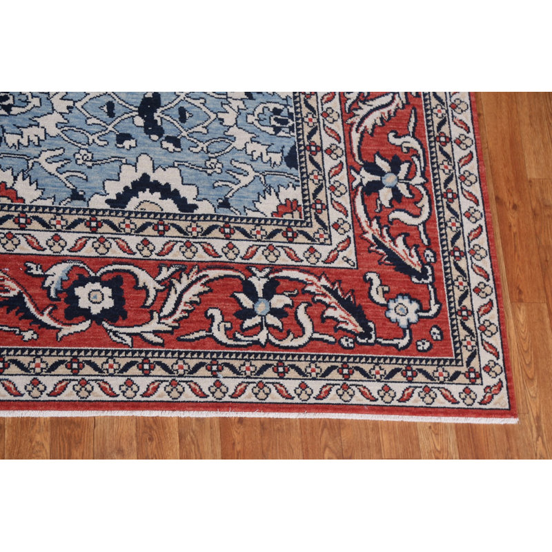 Tapis beige / ivoire / bleu en laine noué à la main de conception unique 9 pi x 11 pi 9 po