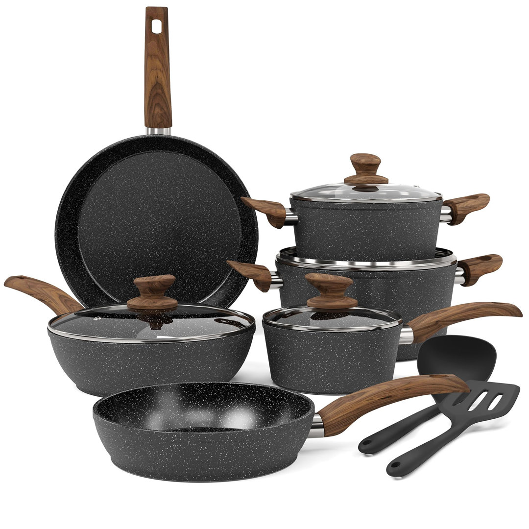 Induktion Töpfe Set - 12-Teilige Schwarze Granit Kochtöpfe Set,Antihaft Topfset Und Pfannen Set,PFOA & PFOS-Freie