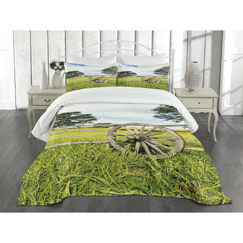 Ambesonne Wagon Wheel Bedspread Set Green Meadow Multicolor, King Bedspread + 2 Standard Shams