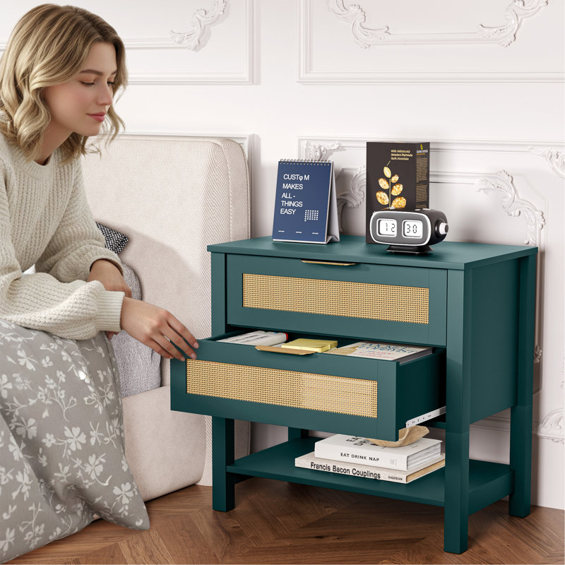 Table de chevet étroite en rotin avec 2 tiroirs et tablette de rangement Boho, Green