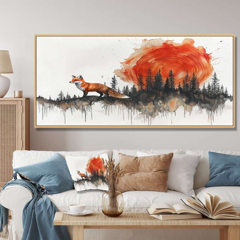 «Silent Fox In Forest Landscape III», art mural renard, H 28 po x l 60 po, Cadre flottant, Naturel