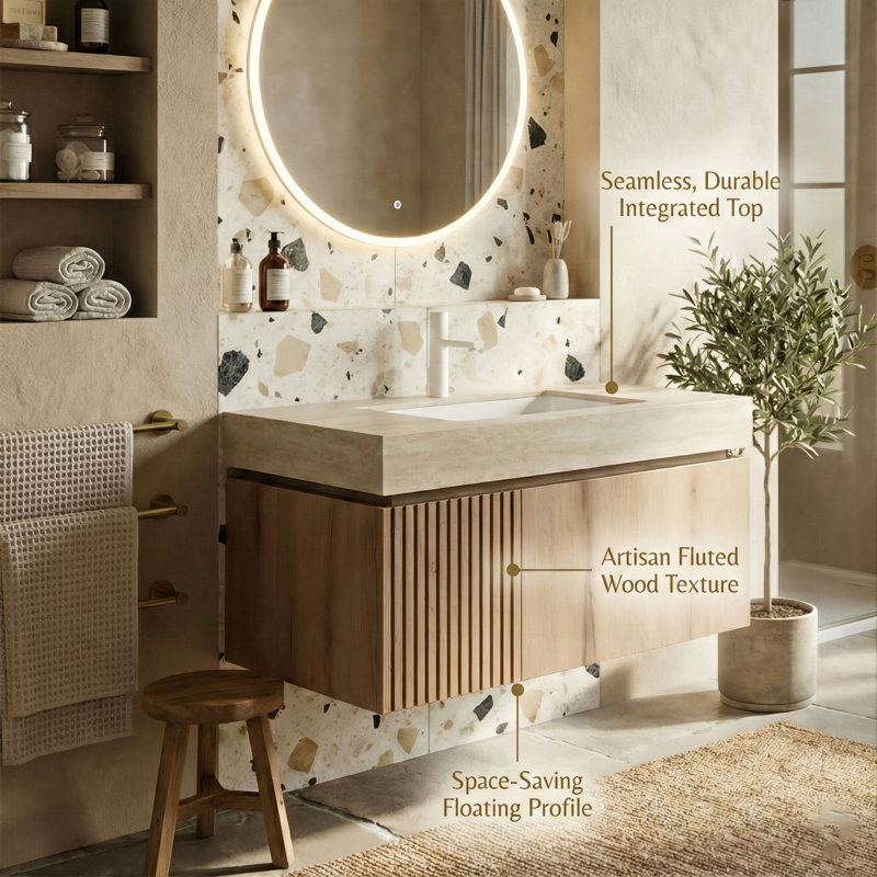 Meuble-lavabo flottant moderne de 36 po, plateau en pierre frittée (gris clair / travertin) avec lavabo en céramique et armoire en contreplaqué (chêne blanc / chêne brun) et 1 tiroir