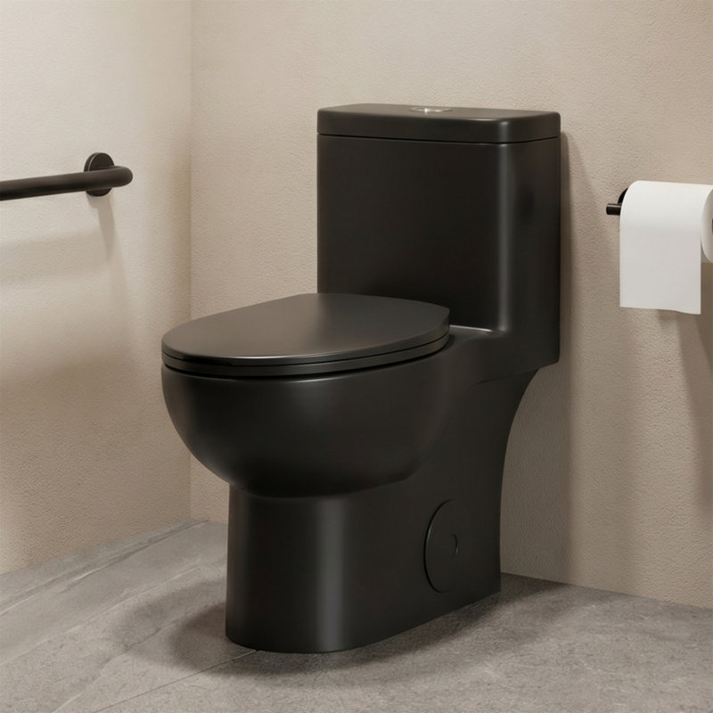 Modern Matte Black One-Piece Toilet, Tornado Flush, 1.1/1.6 GPF Dual Flush, WaterSense Certified, ADA Height 17", Rimless Design, Soft-Close Seat