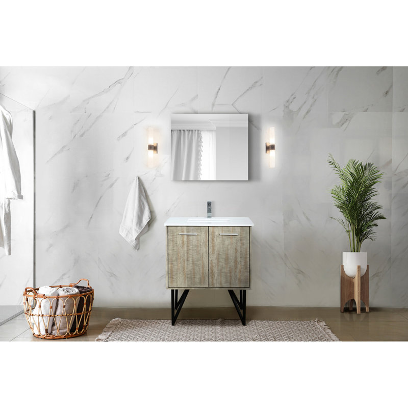Rustique 30 po Meuble-lavabo large pour la salle de bain avec comptoir en quartz blanc, robinet et surface de miroir l 28 po x P 20