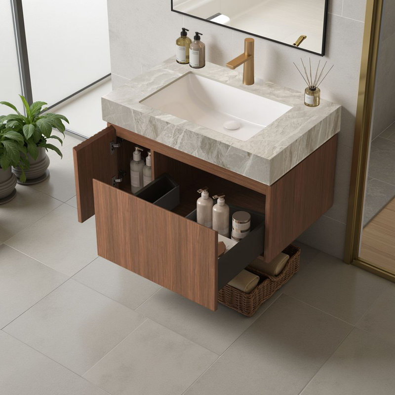 Meuble-lavabo mural 30 po avec comptoir en pierre frittée et lavabo en céramique, armoire de rangement avec 1 tiroir et porte à fermeture en douceur
