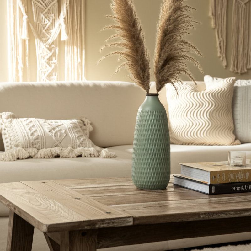 Stoneware and Ceramic Decorative Vase - Modern Textured Accent for Contemporary Home Decor., Green, 16" H x 7" W x 7" D