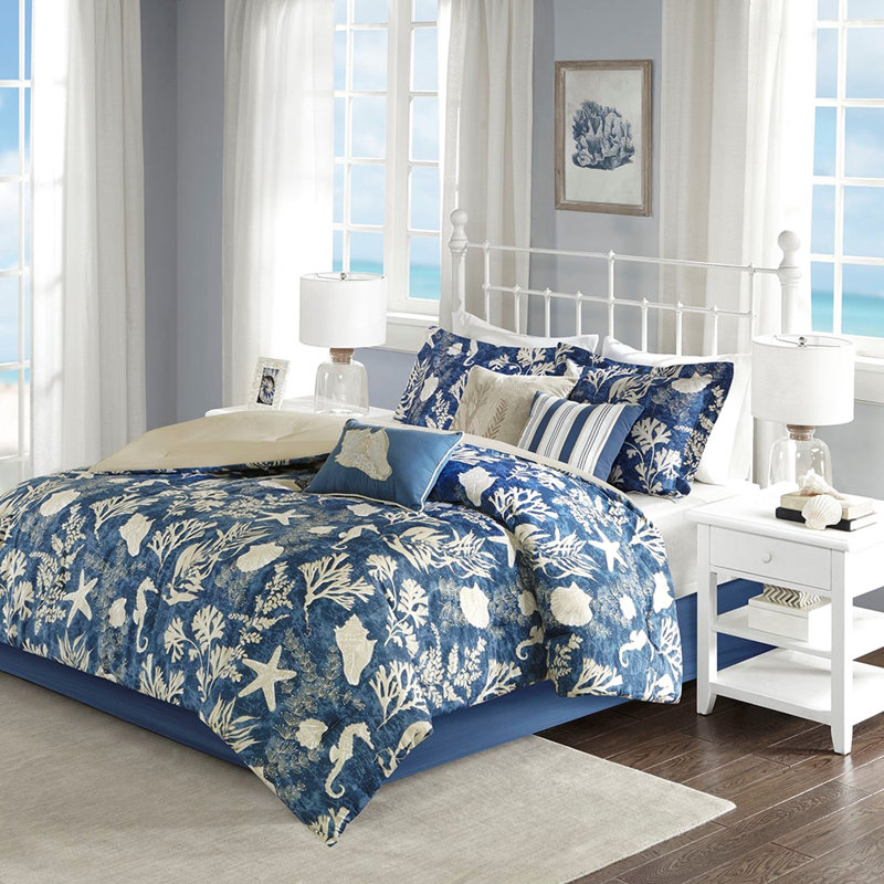 Cape Bedding - édredon 7 pièces en coton bleu très grand, thème côtier, taies décoratives assorties et articles décoratifs très grand, charm au-delà, gemmes au-delà de la comparaison