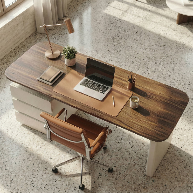 Bureau moderne en noyer de 70,9 po avec plateau en bois massif et 3 tiroirs de rangement Dunte